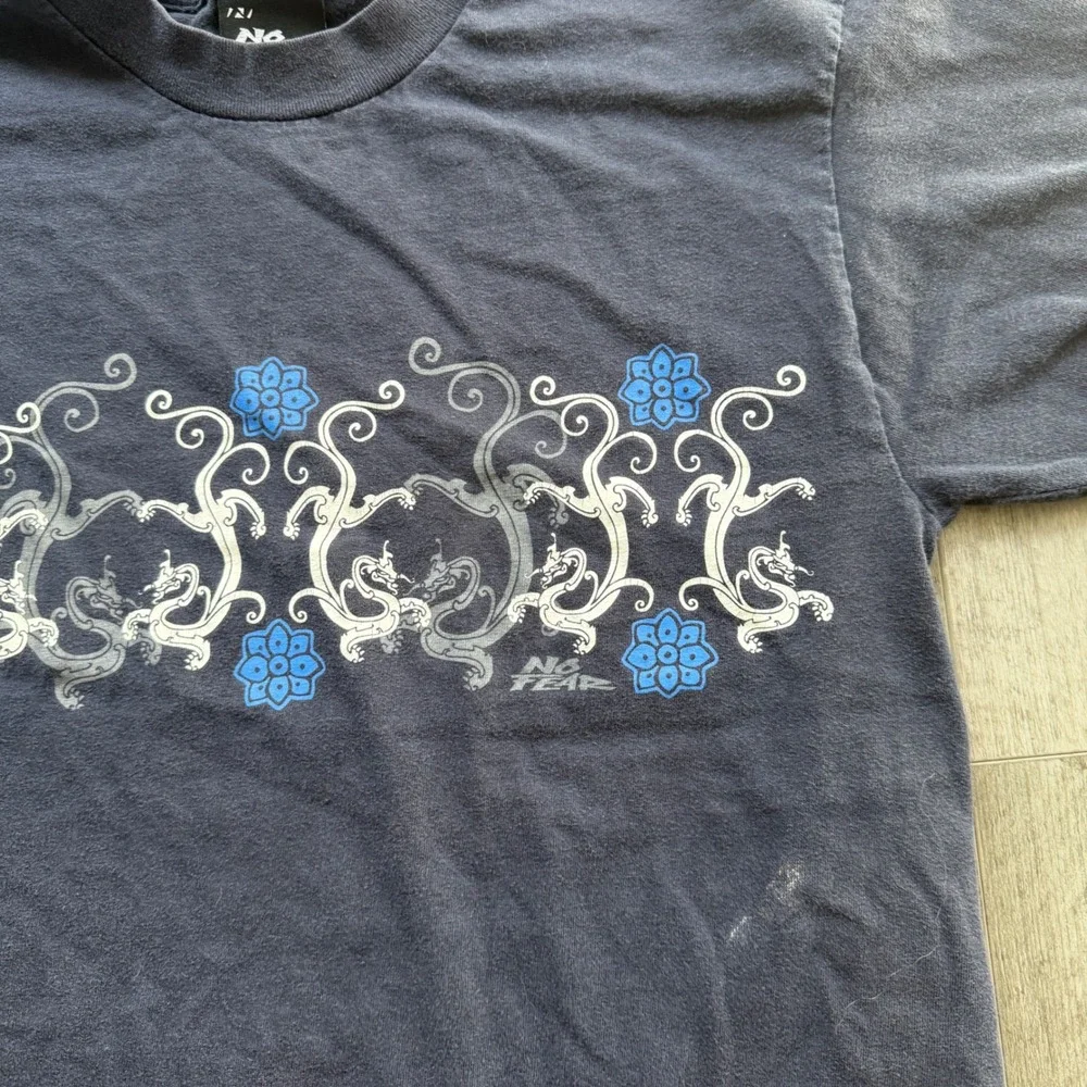 No Fear Mens M Navy Tribal Dragon Floral Graphic Tee Y2K Double Sided Shirt
